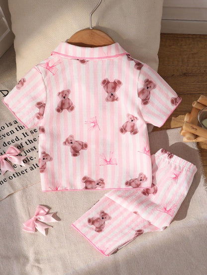 2-Piece Newborn Baby Girl Pajamas Set,Cute Cartoon Bear Print Blue And White Stripe,Summer,Family Matching Soft Lapel Top & Long Pants Sleepwear