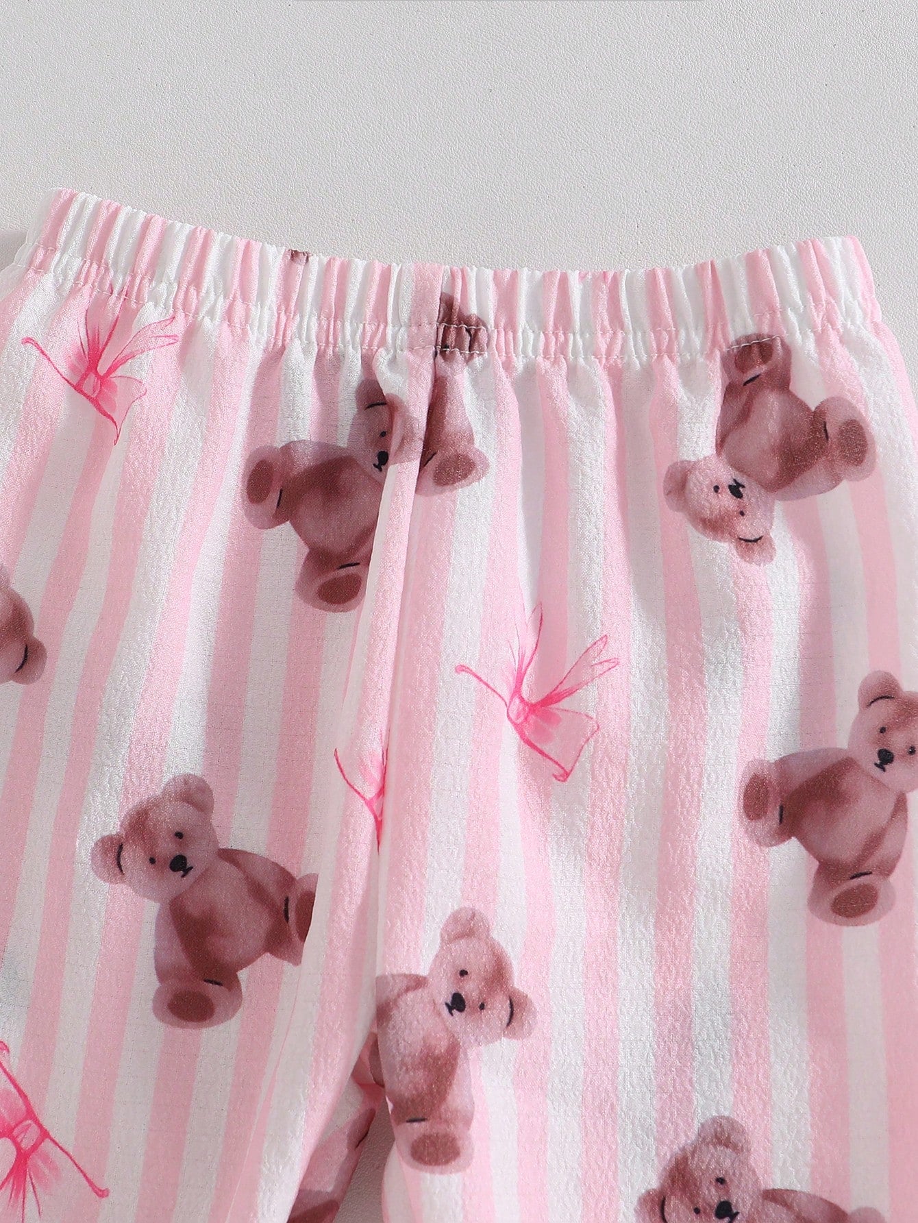 2-Piece Newborn Baby Girl Pajamas Set,Cute Cartoon Bear Print Blue And White Stripe,Summer,Family Matching Soft Lapel Top & Long Pants Sleepwear