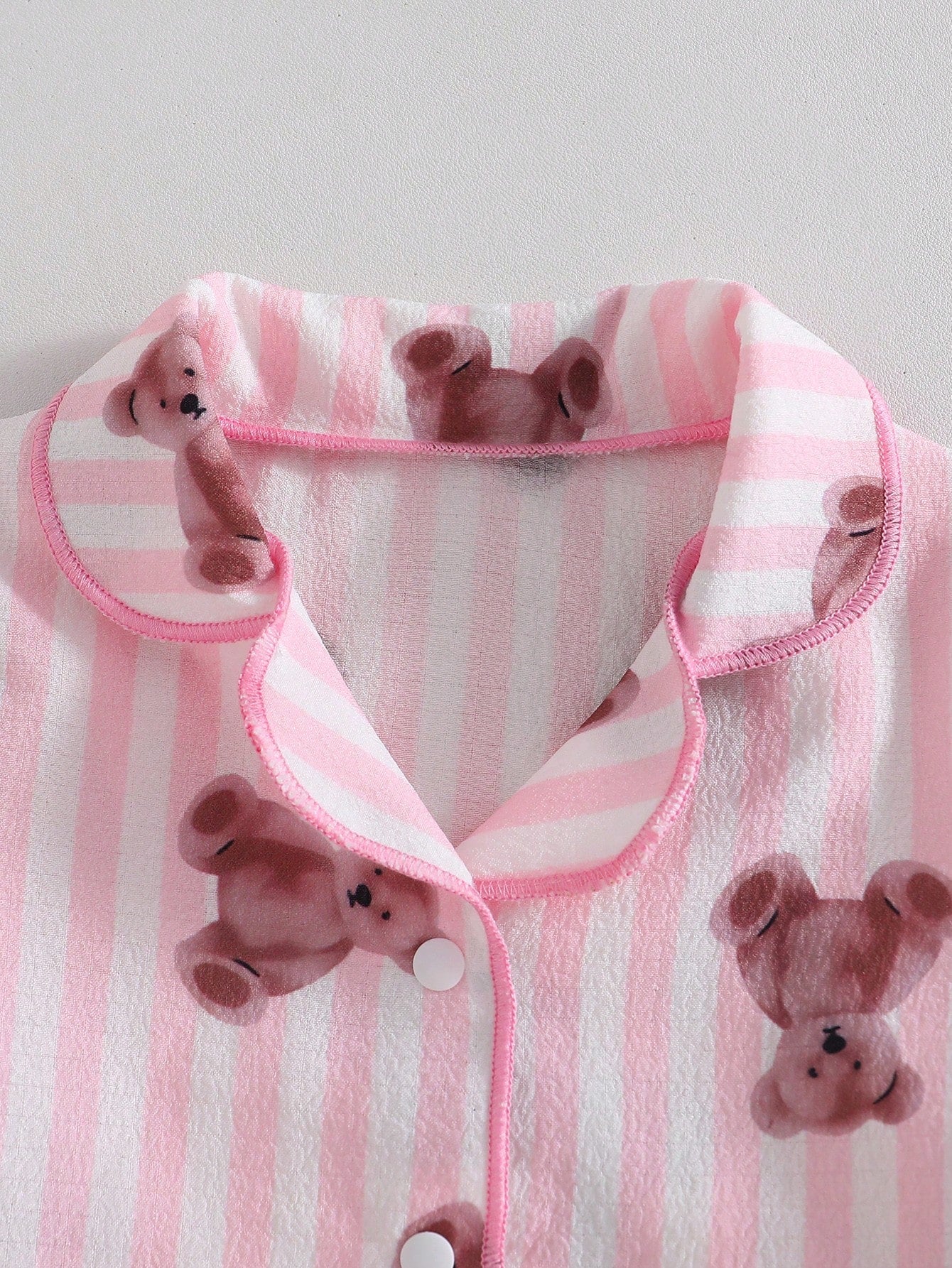 2-Piece Newborn Baby Girl Pajamas Set,Cute Cartoon Bear Print Blue And White Stripe,Summer,Family Matching Soft Lapel Top & Long Pants Sleepwear