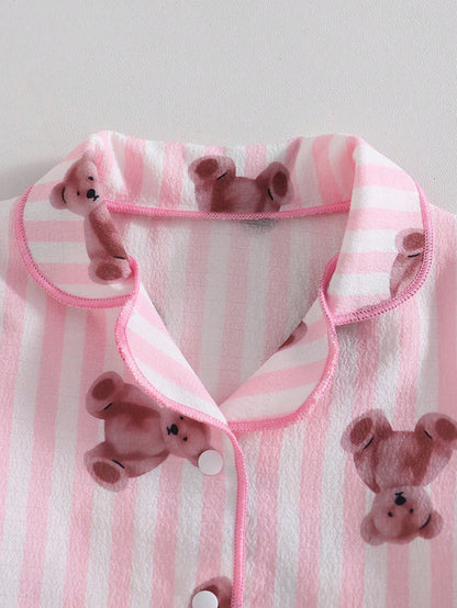2-Piece Newborn Baby Girl Pajamas Set,Cute Cartoon Bear Print Blue And White Stripe,Summer,Family Matching Soft Lapel Top & Long Pants Sleepwear