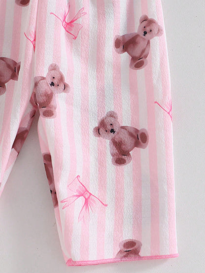 2-Piece Newborn Baby Girl Pajamas Set,Cute Cartoon Bear Print Blue And White Stripe,Summer,Family Matching Soft Lapel Top & Long Pants Sleepwear