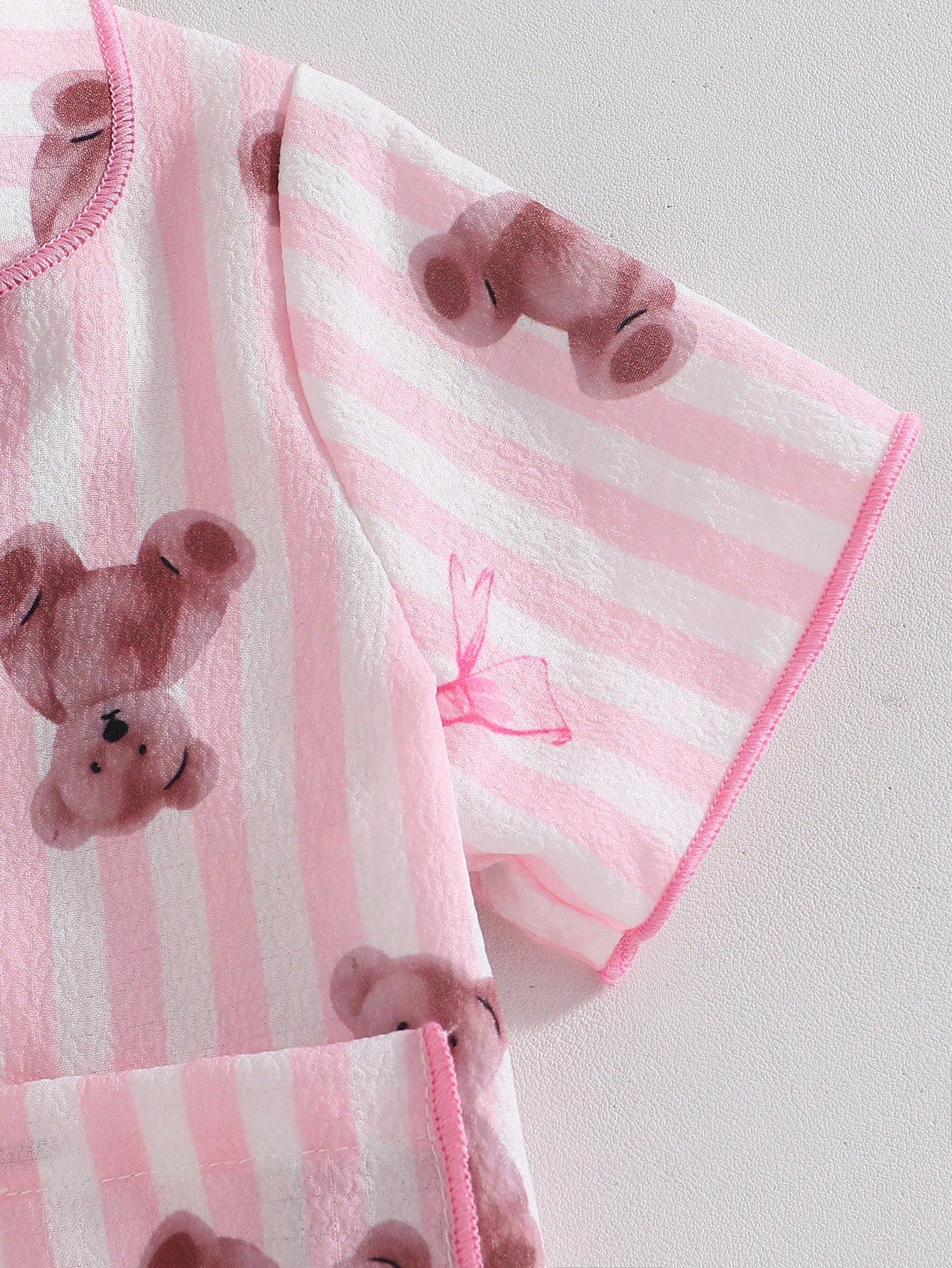 2-Piece Newborn Baby Girl Pajamas Set,Cute Cartoon Bear Print Blue And White Stripe,Summer,Family Matching Soft Lapel Top & Long Pants Sleepwear