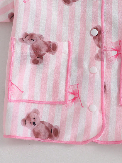 2-Piece Newborn Baby Girl Pajamas Set,Cute Cartoon Bear Print Blue And White Stripe,Summer,Family Matching Soft Lapel Top & Long Pants Sleepwear