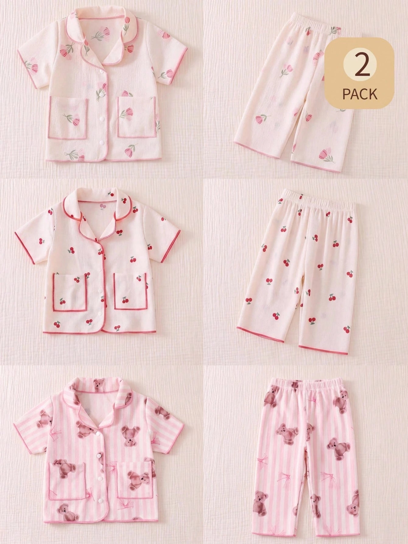 2-Piece Newborn Baby Girl Pajamas Set,Cute Cartoon Bear Print Blue And White Stripe,Summer,Family Matching Soft Lapel Top & Long Pants Sleepwear