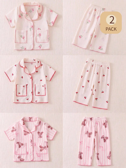 2-Piece Newborn Baby Girl Pajamas Set,Cute Cartoon Bear Print Blue And White Stripe,Summer,Family Matching Soft Lapel Top & Long Pants Sleepwear