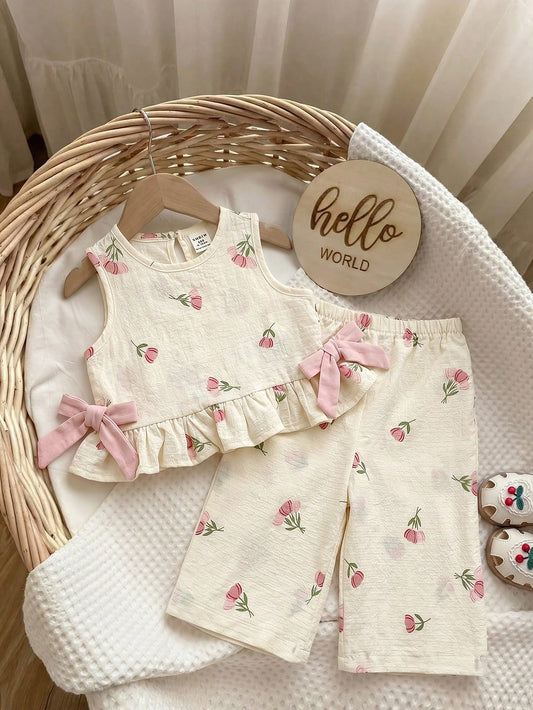 2 Pieces Set Babygirl Cute Summer Pink Bow Sleeveless Top And Elastic Waist Shorts Set