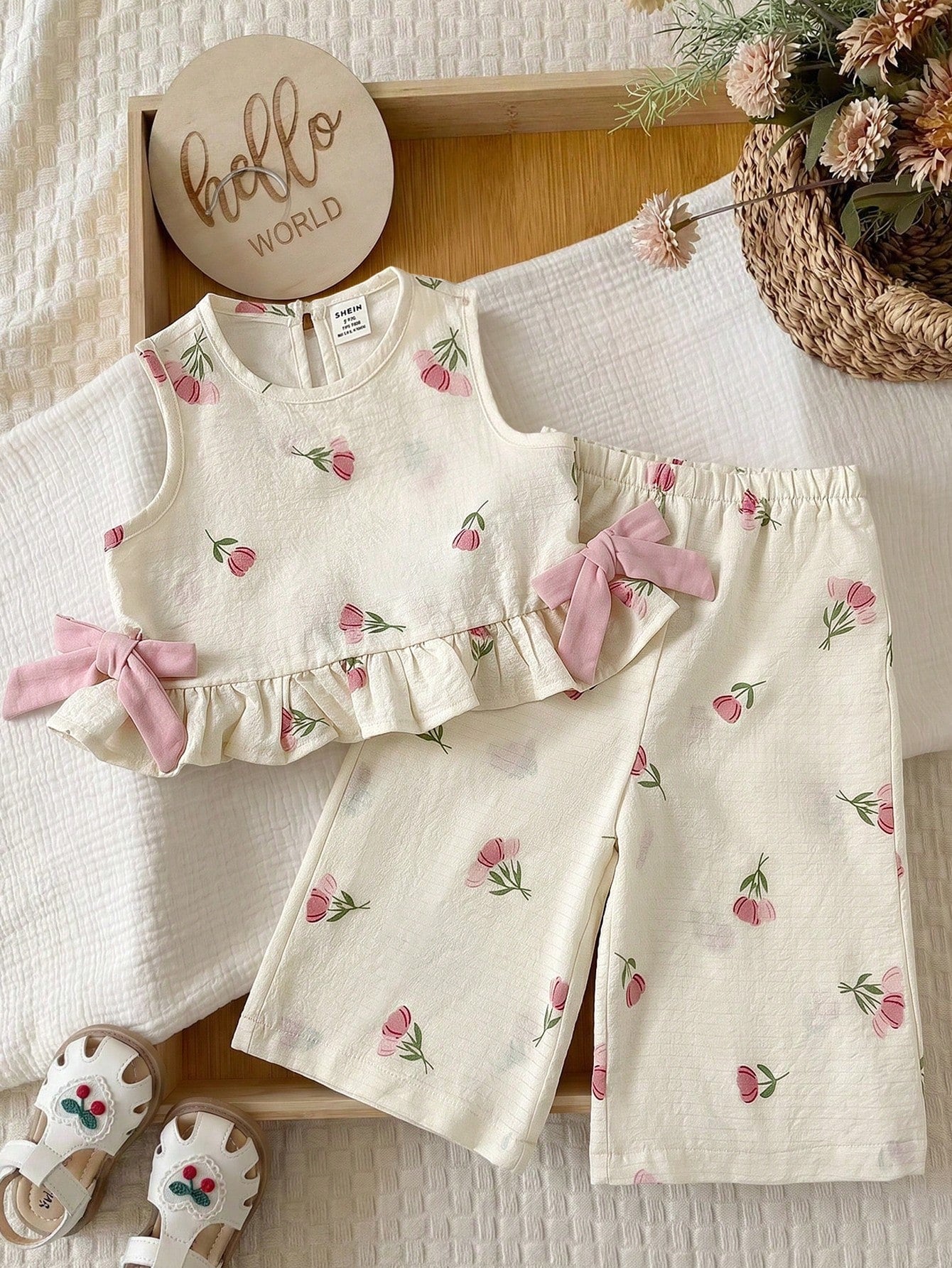 2 Pieces Set Babygirl Cute Summer Pink Bow Sleeveless Top And Elastic Waist Shorts Set
