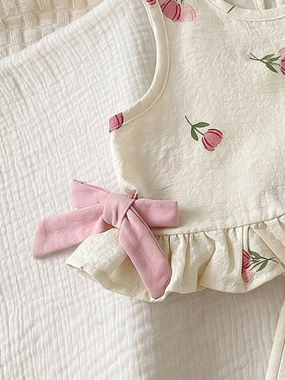 2 Pieces Set Babygirl Cute Summer Pink Bow Sleeveless Top And Elastic Waist Shorts Set