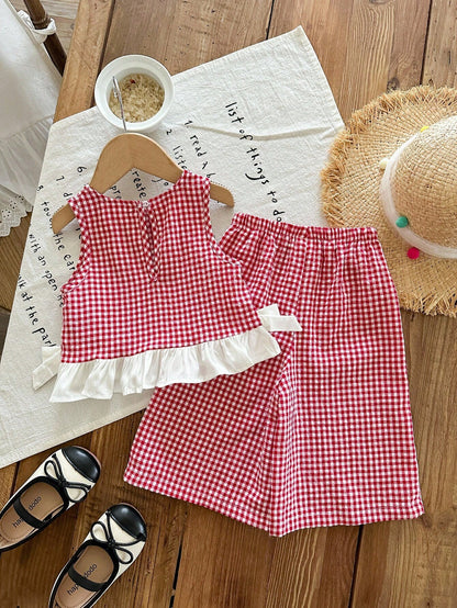2 Pieces Set Babygirl Cute Summer Pink Bow Sleeveless Top And Elastic Waist Shorts Set