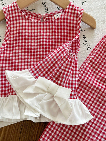 2 Pieces Set Babygirl Cute Summer Pink Bow Sleeveless Top And Elastic Waist Shorts Set