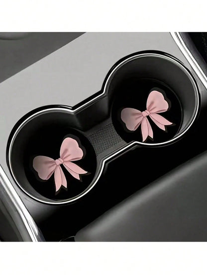 2 Sets Pink Bow-Shaped Silicone Leak-Proof Car Cup Holder, Suitable For Car Interior Decoration