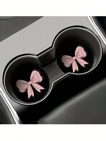 2 Sets Pink Bow-Shaped Silicone Leak-Proof Car Cup Holder, Suitable For Car Interior Decoration