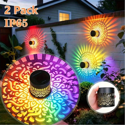 2 Solar-Powered Fence Lights With A Mandala Design, Suitable For Outdoor Walls And Featuring An IP65 Waterproof Rating. These Metal Solar-Powered Deck Step Lights Are Ideal For Garden Decoration And M