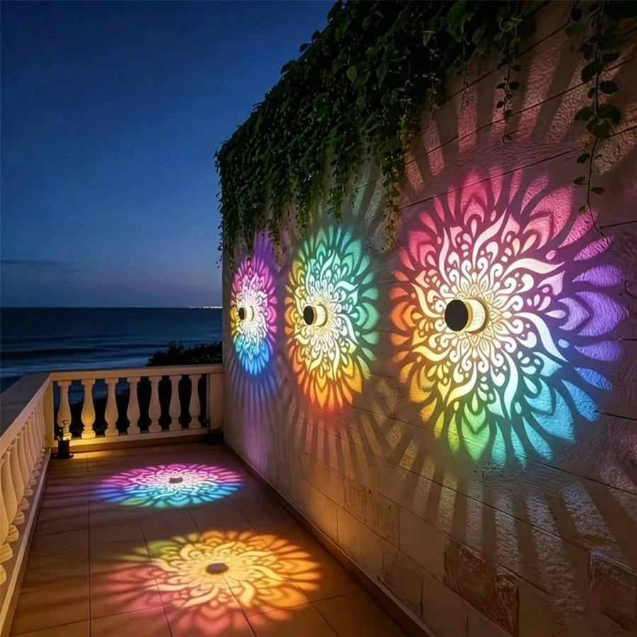 2 Solar-Powered Fence Lights With A Mandala Design, Suitable For Outdoor Walls And Featuring An IP65 Waterproof Rating. These Metal Solar-Powered Deck Step Lights Are Ideal For Garden Decoration And M