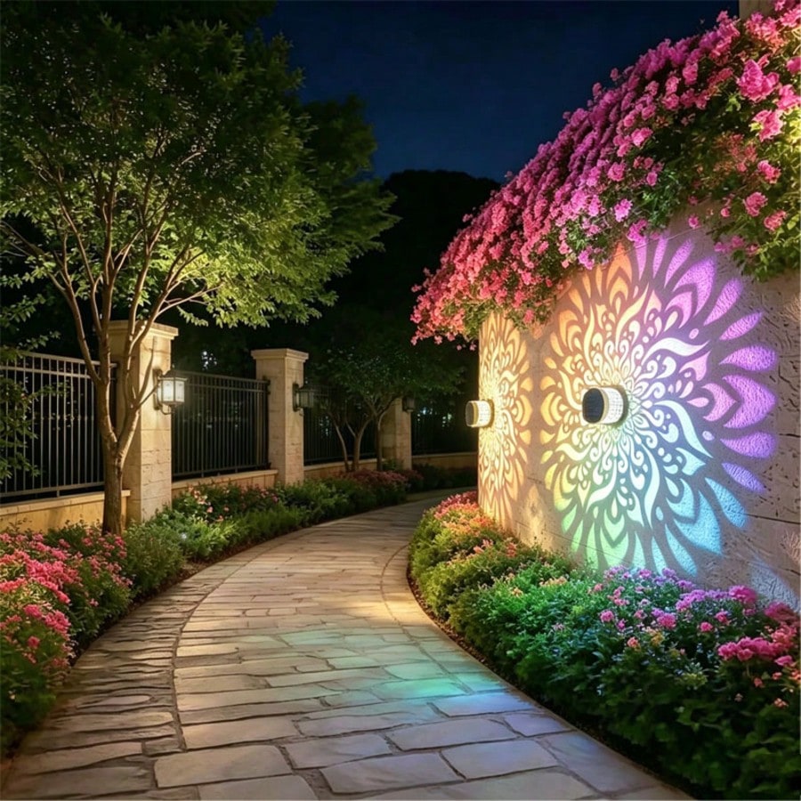 2 Solar-Powered Fence Lights With A Mandala Design, Suitable For Outdoor Walls And Featuring An IP65 Waterproof Rating. These Metal Solar-Powered Deck Step Lights Are Ideal For Garden Decoration And M