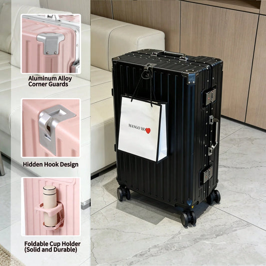 20" Carry On Suitcase Airline Approved, PC Hard Shell Luggage With Aluminum Frame, Spinner Wheels, Built-In Cup Holder, Travel Travel Suitcase