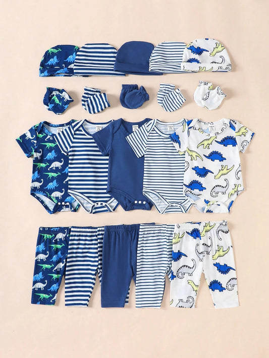 20 Pcs Baby Boy Summer Outfit Set: 5 Pcs Rompers + 5 Pcs Pants + 5 Pcs Hats + 5 Prs Mittens