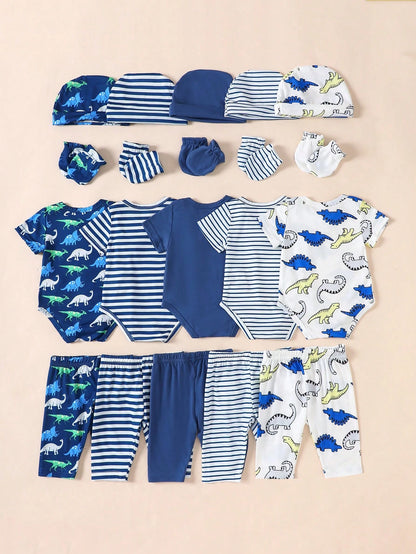 20 Pcs Baby Boy Summer Outfit Set: 5 Pcs Rompers + 5 Pcs Pants + 5 Pcs Hats + 5 Prs Mittens