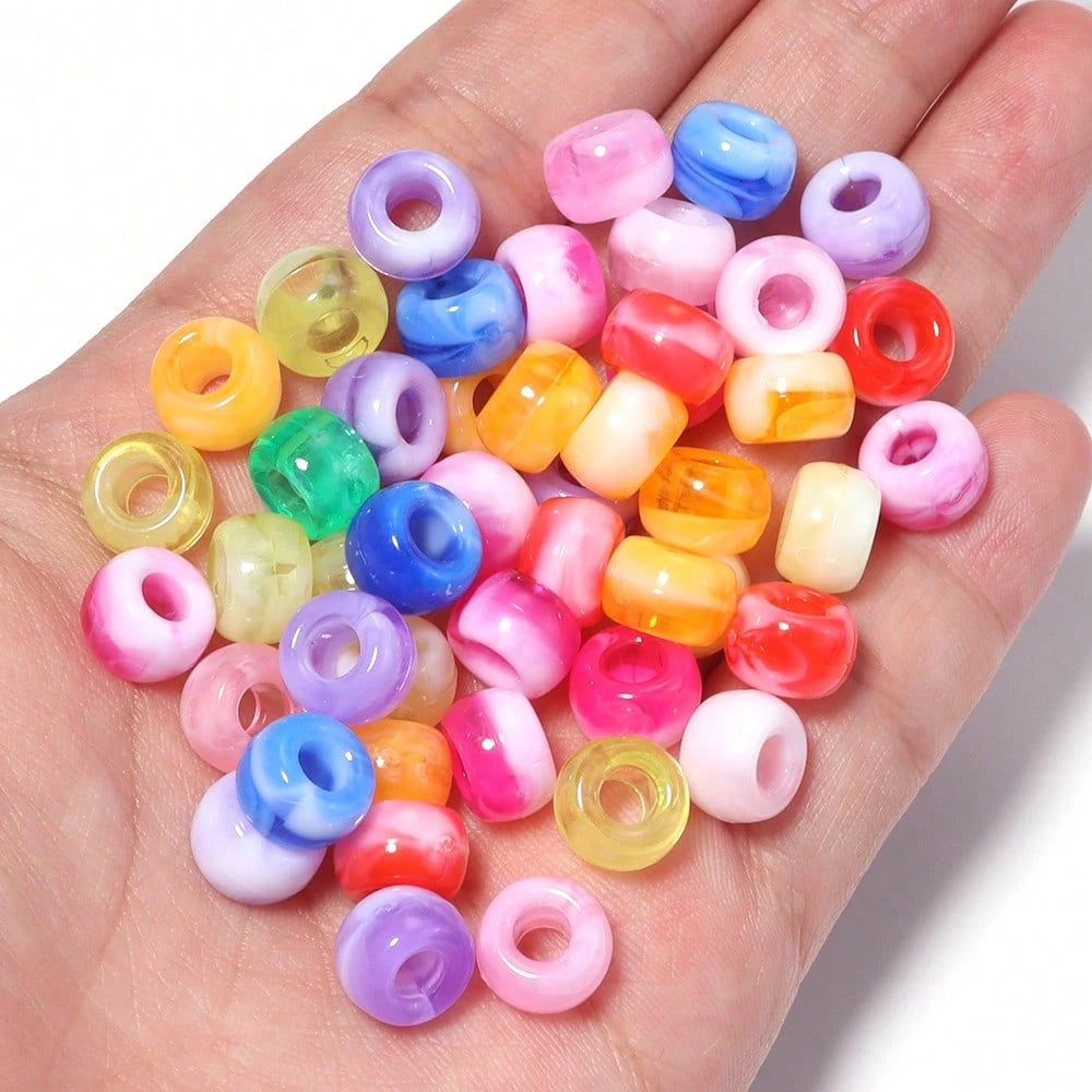 200Pcs Acrylic Dual-Color Gradient Large Hole Pony Beads, Barrel Shaped Beads, Bracelet Earrings Jewelry DIY Colorful Beading Materials, Keychain Phone Chain Tassel Pendant Decorative Beads