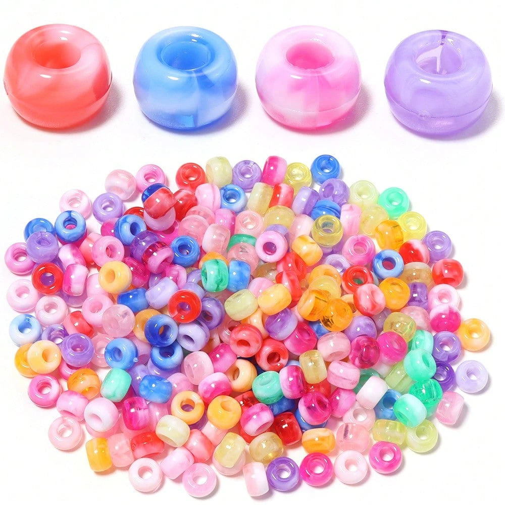 200Pcs Acrylic Dual-Color Gradient Large Hole Pony Beads, Barrel Shaped Beads, Bracelet Earrings Jewelry DIY Colorful Beading Materials, Keychain Phone Chain Tassel Pendant Decorative Beads