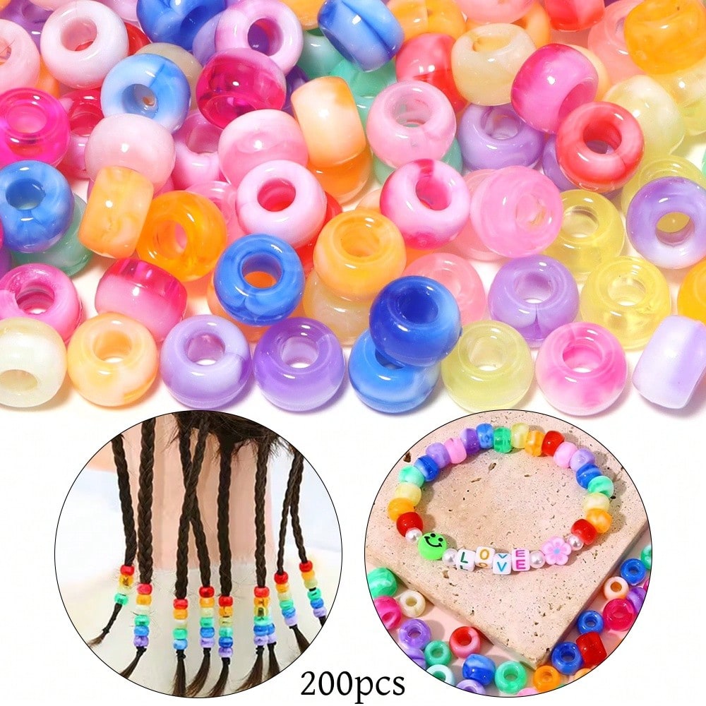 200Pcs Acrylic Dual-Color Gradient Large Hole Pony Beads, Barrel Shaped Beads, Bracelet Earrings Jewelry DIY Colorful Beading Materials, Keychain Phone Chain Tassel Pendant Decorative Beads