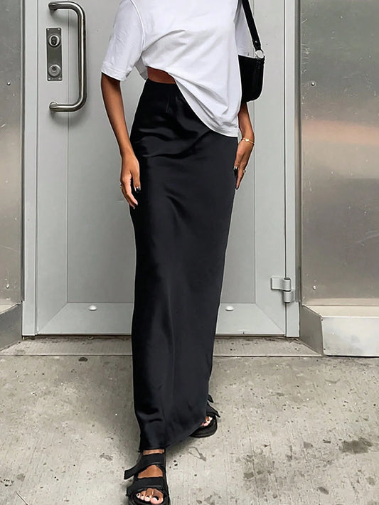 2024 New Spring/Summer Faux Silk Satin Skirt, Casual A-Line Bodycon Skirt For Women Black