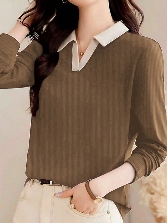 2025 New Autumn Women Polo Collar Long Sleeve T-Shirt, Fashionable Outer Wear Pullover Top Casual Spring