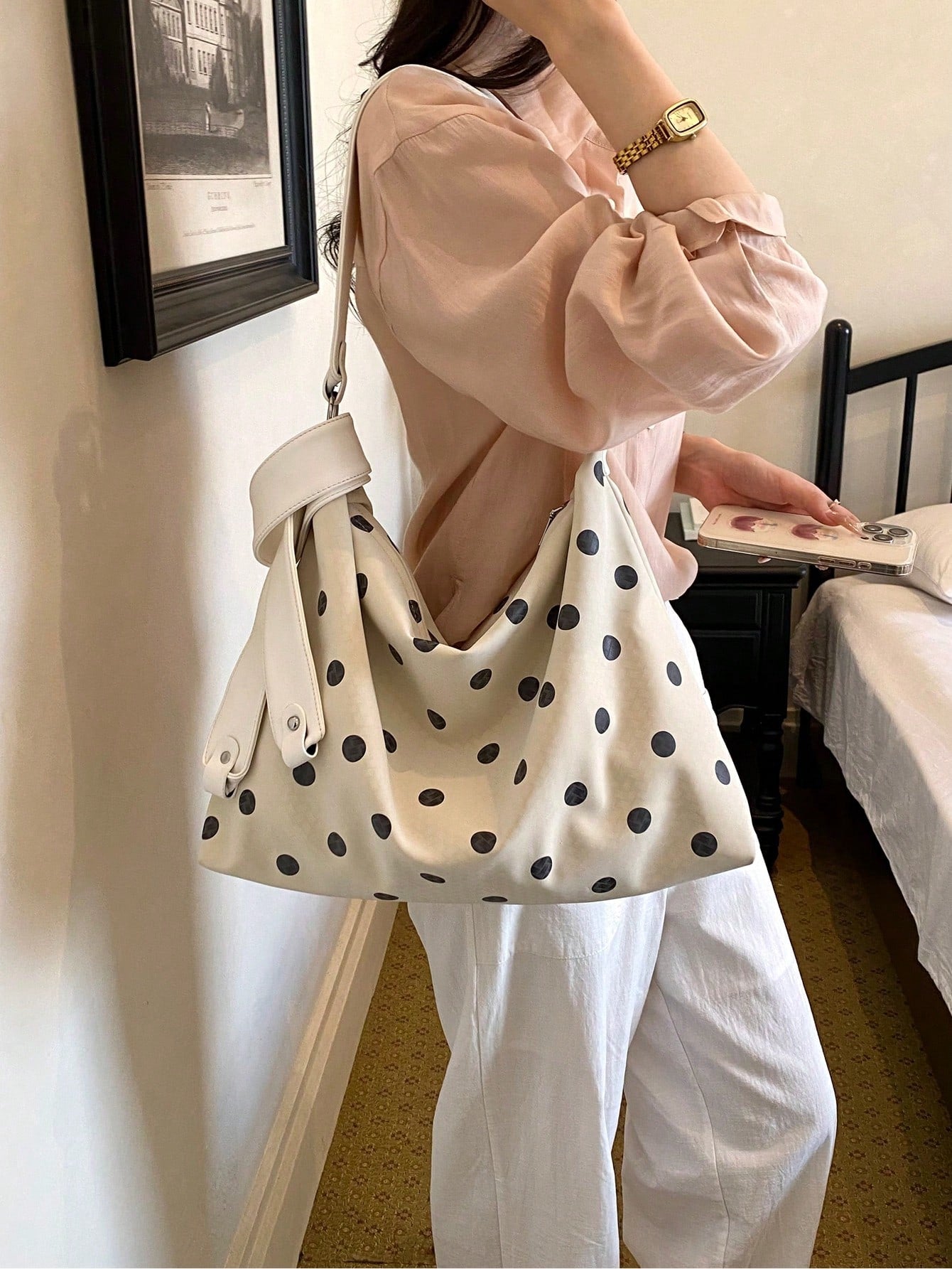 2026 New Korean Style Casual Fashion Cute Polka Dot Commuter Shoulder Bag Large Capacity Tote Bag Underarm Bag