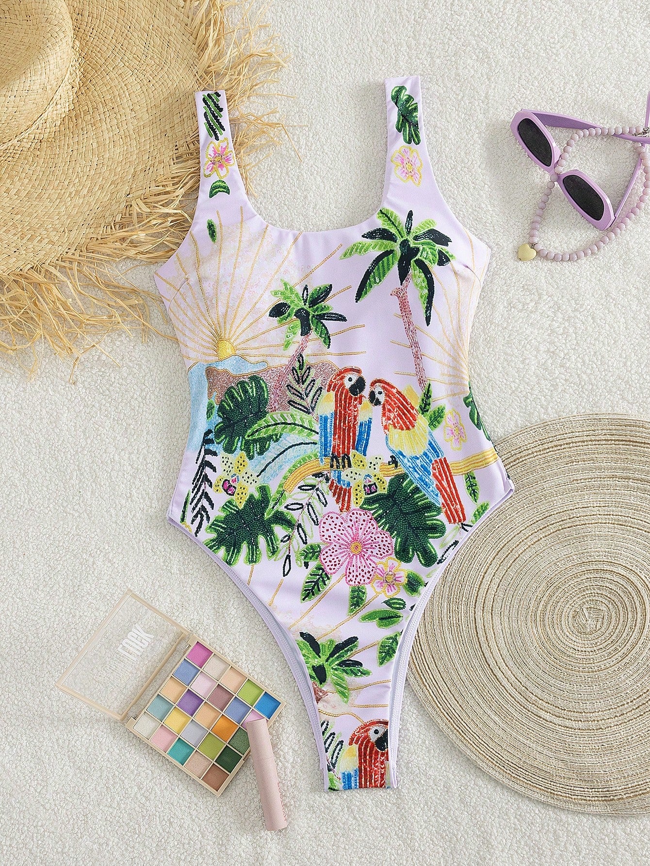 2026 New Sexy Palm Tree & Parrot Print One-Piece Swimsuit, Suitable For Beach Vacation, Sexy Bikini, Women's Resort Wear, Women's Beach Outfit, Women's Summer Wear, Women's Swimwear