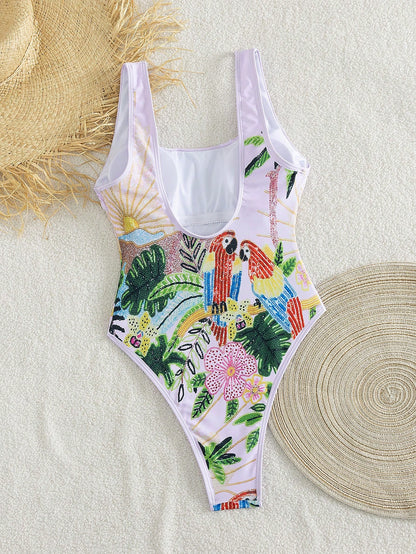 2026 New Sexy Palm Tree & Parrot Print One-Piece Swimsuit, Suitable For Beach Vacation, Sexy Bikini, Women's Resort Wear, Women's Beach Outfit, Women's Summer Wear, Women's Swimwear