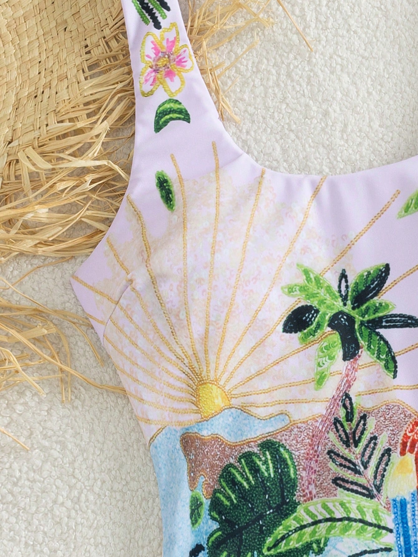 2026 New Sexy Palm Tree & Parrot Print One-Piece Swimsuit, Suitable For Beach Vacation, Sexy Bikini, Women's Resort Wear, Women's Beach Outfit, Women's Summer Wear, Women's Swimwear