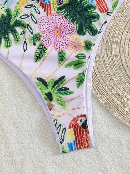 2026 New Sexy Palm Tree & Parrot Print One-Piece Swimsuit, Suitable For Beach Vacation, Sexy Bikini, Women's Resort Wear, Women's Beach Outfit, Women's Summer Wear, Women's Swimwear