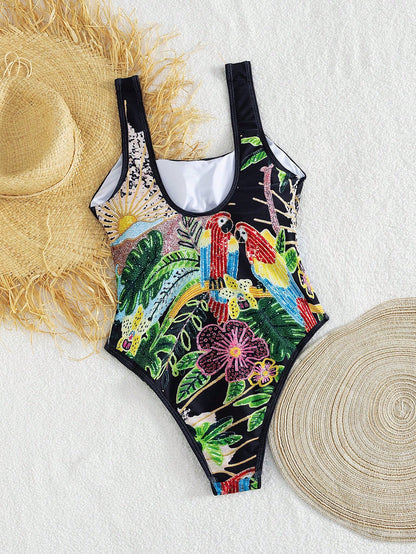 2026 New Sexy Palm Tree & Parrot Print One-Piece Swimsuit, Suitable For Beach Vacation, Sexy Bikini, Women's Resort Wear, Women's Beach Outfit, Women's Summer Wear, Women's Swimwear