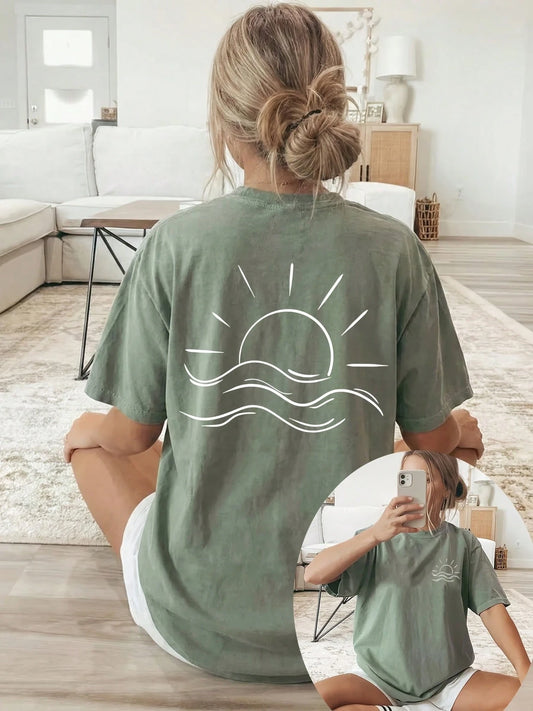 2026 New Summer Collection, [Double-Sided Print] Loose Casual Women's Clothing, White Line Sun And Sea Pattern Print, Short-Sleeved Round-Neck T-Shirt
