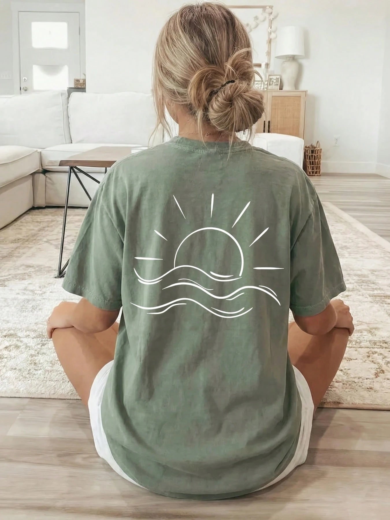 2026 New Summer Collection, [Double-Sided Print] Loose Casual Women's Clothing, White Line Sun And Sea Pattern Print, Short-Sleeved Round-Neck T-Shirt