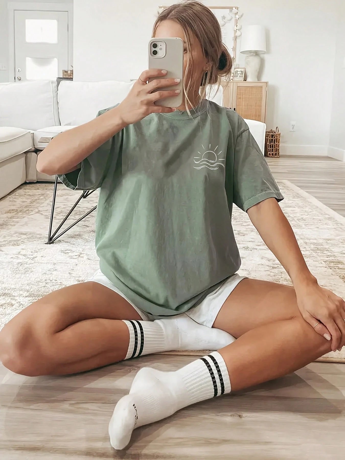 2026 New Summer Collection, [Double-Sided Print] Loose Casual Women's Clothing, White Line Sun And Sea Pattern Print, Short-Sleeved Round-Neck T-Shirt
