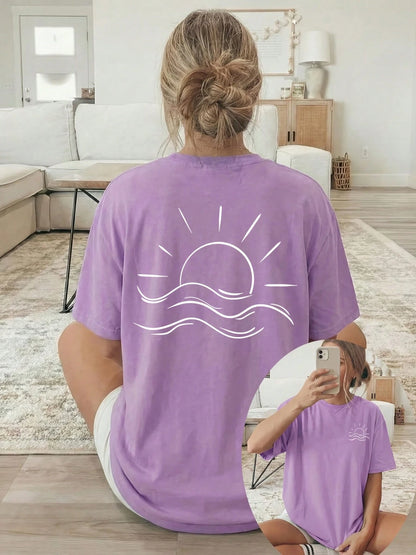 2026 New Summer Collection, [Double-Sided Print] Loose Casual Women's Clothing, White Line Sun And Sea Pattern Print, Short-Sleeved Round-Neck T-Shirt
