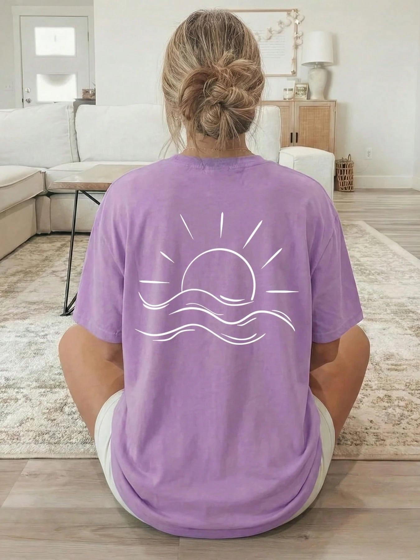 2026 New Summer Collection, [Double-Sided Print] Loose Casual Women's Clothing, White Line Sun And Sea Pattern Print, Short-Sleeved Round-Neck T-Shirt