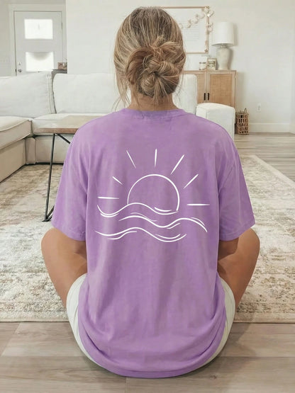 2026 New Summer Collection, [Double-Sided Print] Loose Casual Women's Clothing, White Line Sun And Sea Pattern Print, Short-Sleeved Round-Neck T-Shirt