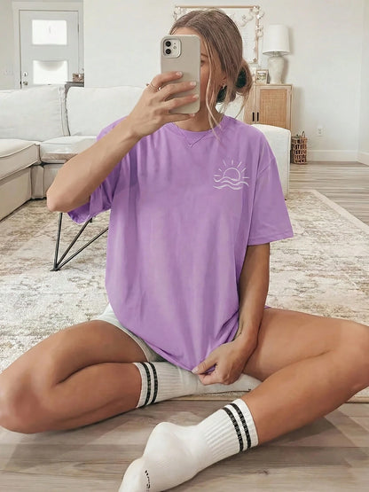 2026 New Summer Collection, [Double-Sided Print] Loose Casual Women's Clothing, White Line Sun And Sea Pattern Print, Short-Sleeved Round-Neck T-Shirt