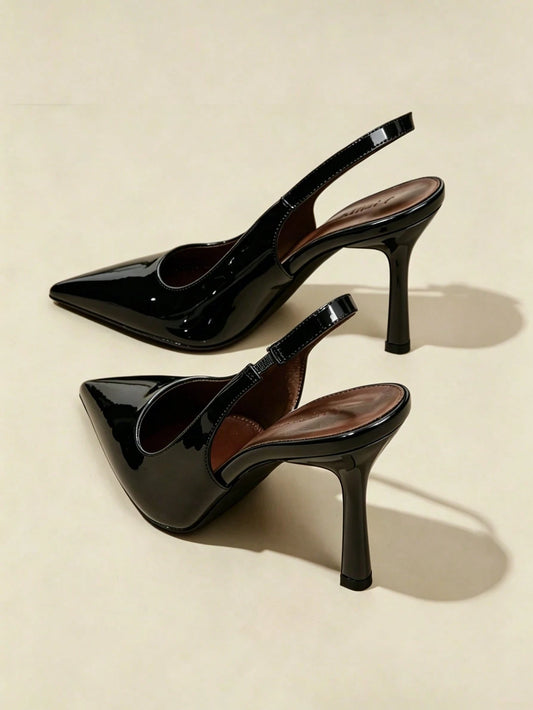 2026 New Women Gloss White Pointed Toe Slingback Stiletto Heels, Elegant Open Back Dress Pumps, Versatile Footwear For Spring Summer Outfits