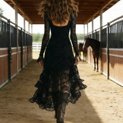 2026 SS Western Women Solid Maxi Dress, Square Neck Long Sleeve Lace Spliced High Waist Fashion Long Dress