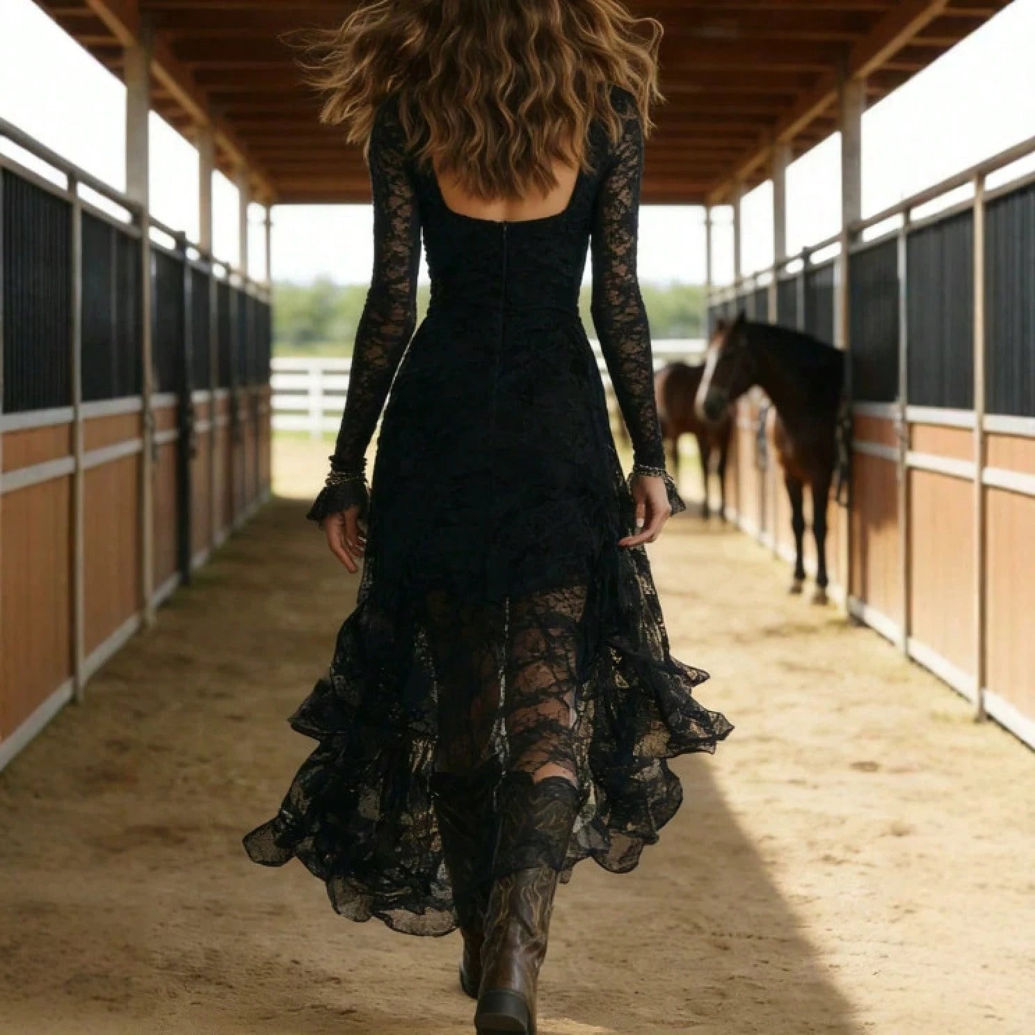 2026 SS Western Women Solid Maxi Dress, Square Neck Long Sleeve Lace Spliced High Waist Fashion Long Dress