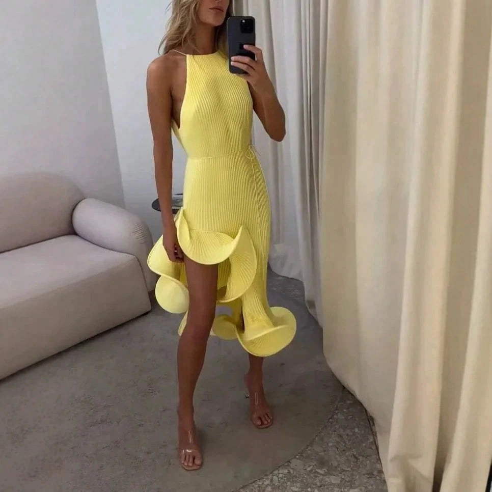 2026 SS Western Women Solid Midi Dress, Spaghetti Strap Asymmetrical Cuff Hem Summer Beach Resort Vacation Dress