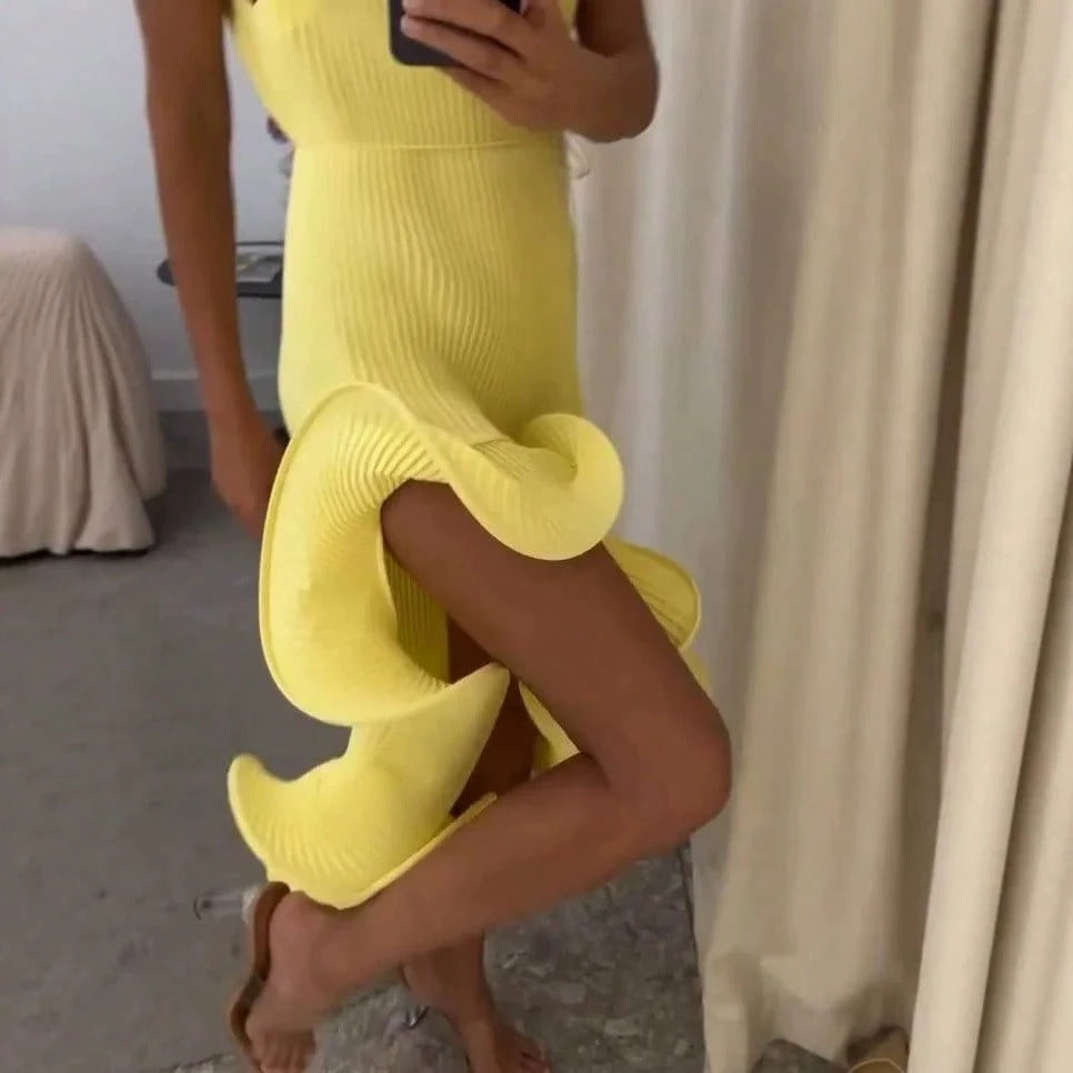 2026 SS Western Women Solid Midi Dress, Spaghetti Strap Asymmetrical Cuff Hem Summer Beach Resort Vacation Dress