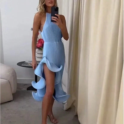 2026 SS Western Women Solid Midi Dress, Spaghetti Strap Asymmetrical Cuff Hem Summer Beach Resort Vacation Dress