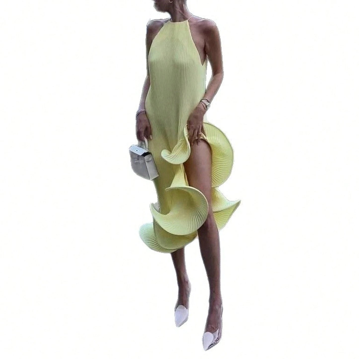 2026 SS Western Women Solid Midi Dress, Spaghetti Strap Asymmetrical Cuff Hem Summer Beach Resort Vacation Dress
