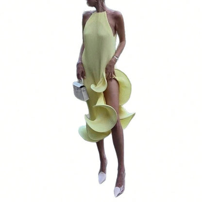 2026 SS Western Women Solid Midi Dress, Spaghetti Strap Asymmetrical Cuff Hem Summer Beach Resort Vacation Dress