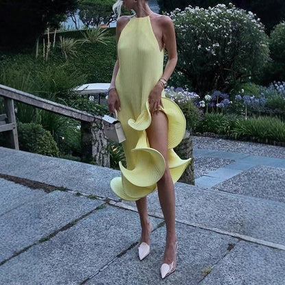 2026 SS Western Women Solid Midi Dress, Spaghetti Strap Asymmetrical Cuff Hem Summer Beach Resort Vacation Dress