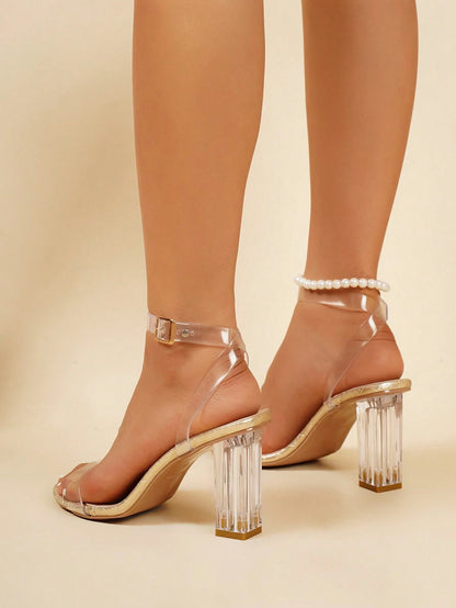 2026 Summer New Crystal Transparent Strap Fashion Versatile Minimalist Chunky Heel High Heel Sandals For Women, Suitable For Photos, Parties And Live Streaming